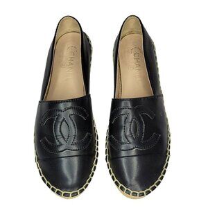 Chanel Espadrilles Womens Sz 6 Black Lambskin Interlocking CC Logo Christmas Gif